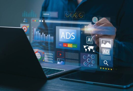 Businessman using laptop with Ads dashboard digital marketing strategy analysis for branding. online advertisement, ad on website and social media.