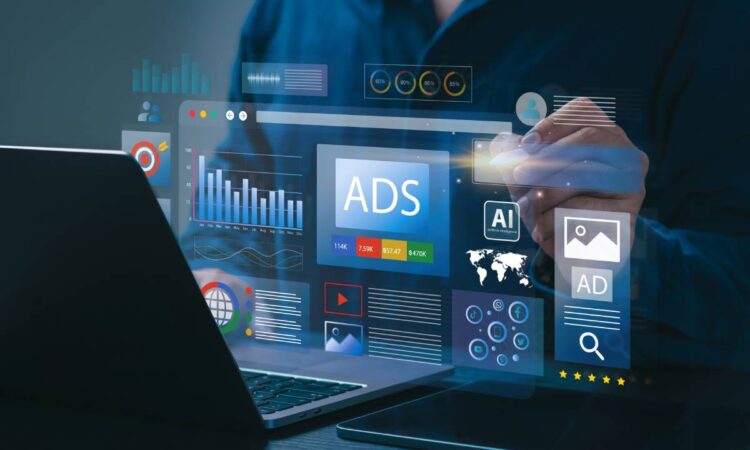 Businessman using laptop with Ads dashboard digital marketing strategy analysis for branding. online advertisement, ad on website and social media.