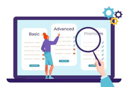Price tariff plan concept, vector illustration. Commercial business site with internet pricing list, menu comparison in app design.Woman character choose advanced offer, hand hold magnifying glass.