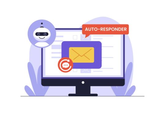 Illustration of Automated Email Auto-responder with AI Bot. An illustration of a computer screen with an AI bot icon and an auto-responder label, representing automated message replies for business