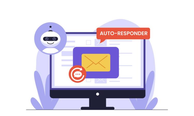 Illustration of Automated Email Auto-responder with AI Bot. An illustration of a computer screen with an AI bot icon and an auto-responder label, representing automated message replies for business