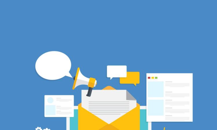 Digital email marketing. Reaching online audience with email marketing campaign, newsletter subscription. Sending marketing messages via email. Vector illustration