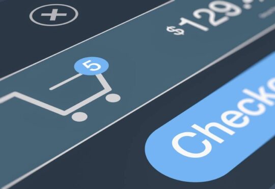 online shopping, close-up of a shopping cart icon with items counter, the mouse cursor click on the 'checkout' button (3d render)