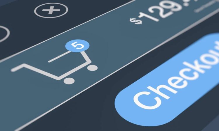 online shopping, close-up of a shopping cart icon with items counter, the mouse cursor click on the 'checkout' button (3d render)